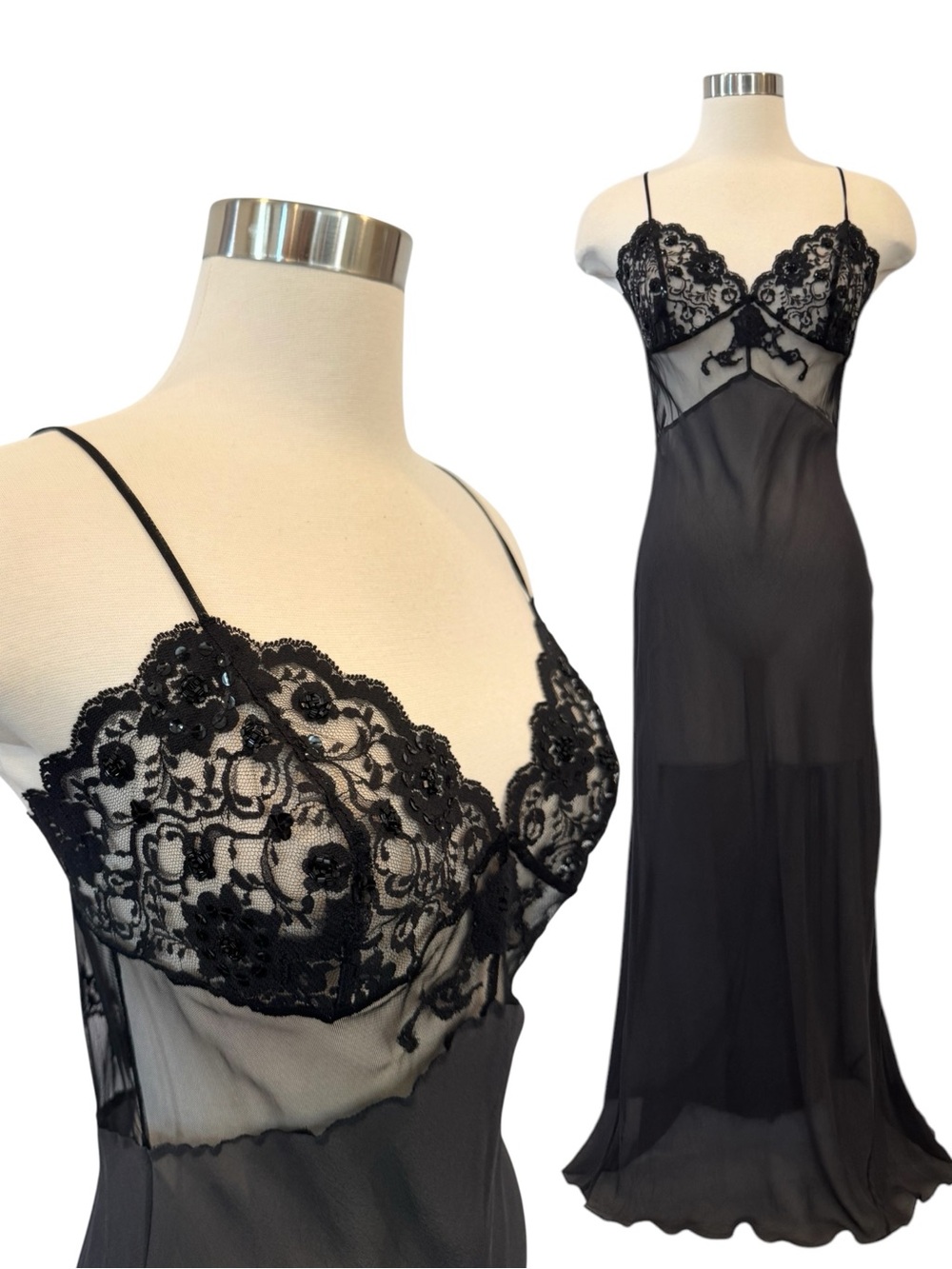 Y2K Victoria’s Secret Silk Chiffon Sheer Sequin Vintage Maxi Gown Slip Dress M